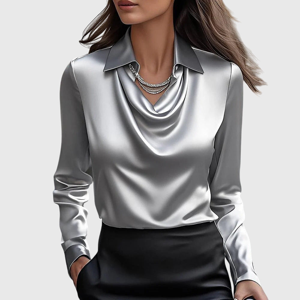 Camicia in raso classica con scollo drappeggiato da donna | Ideale per l'ufficio