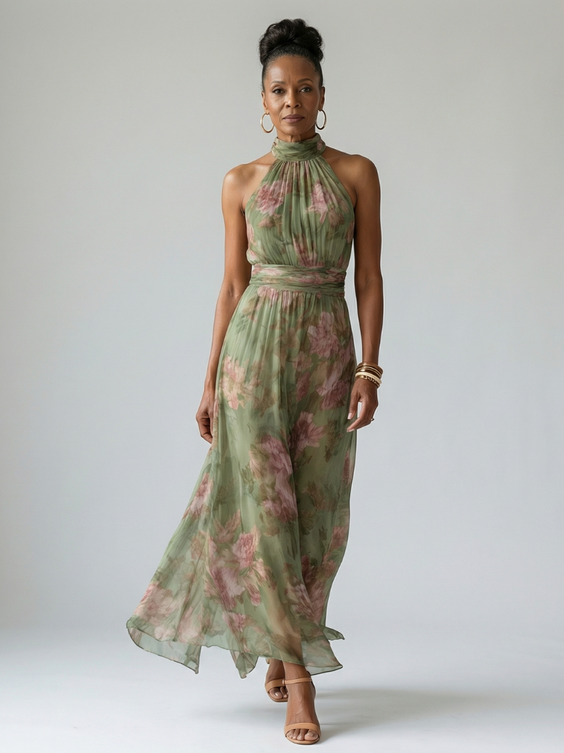 Vestito midi con vita aderente e collo halter da donna