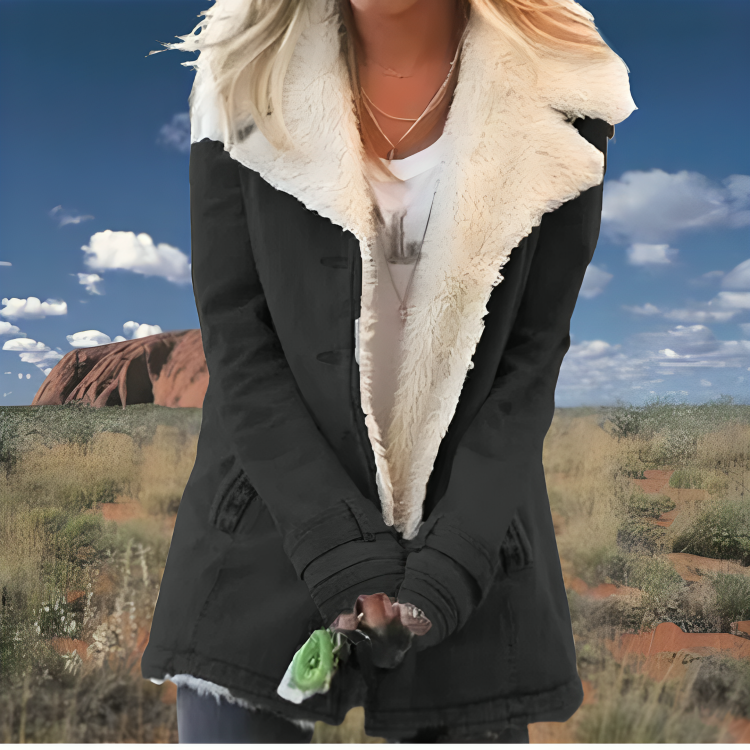 Cappotto dritto stile militare con ampio colletto in pelliccia sintetica da donna