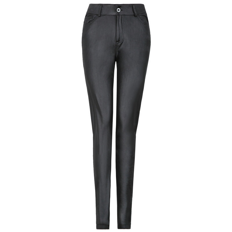Pantaloni a vita alta in similpelle a taglio slim da donna  