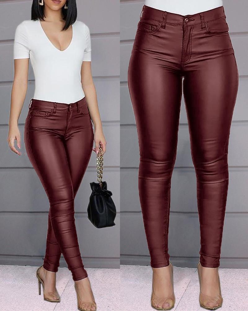 Pantaloni a vita alta in similpelle a taglio slim da donna  