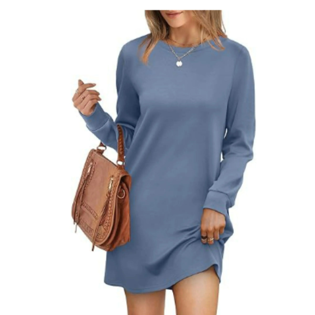 Vestito maglione corto e ampio con maniche lunghe e collo tondo da donna  