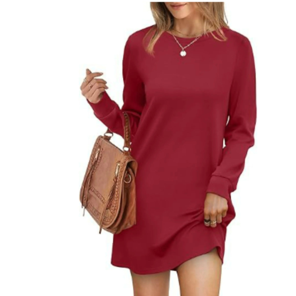 Vestito maglione corto e ampio con maniche lunghe e collo tondo da donna  