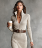 Vestito midi aderente con maniche lunghe e scollo a V in maglia a coste