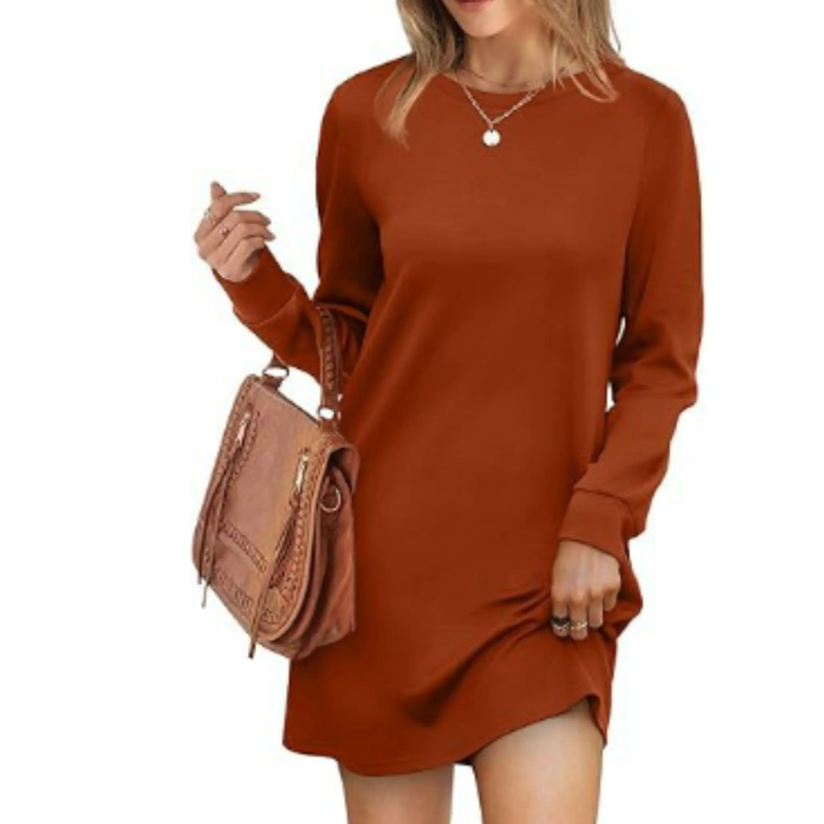 Vestito maglione corto e ampio con maniche lunghe e collo tondo da donna  