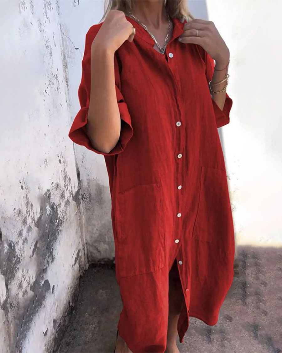 Robe Chemise Décontractée en Coton et Lin pour Femmes