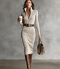 Vestito midi aderente con maniche lunghe e scollo a V in maglia a coste