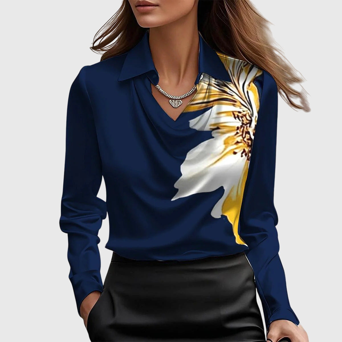 Camicia in raso classica con scollo drappeggiato da donna | Ideale per l'ufficio