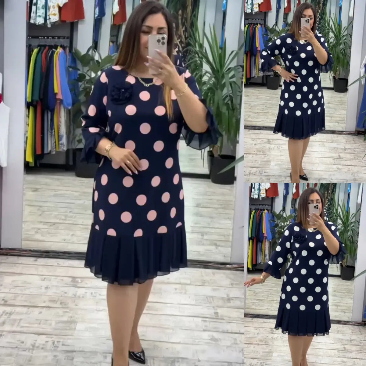 Robe Plissée Pois Pink Navy Coupe Ajustée