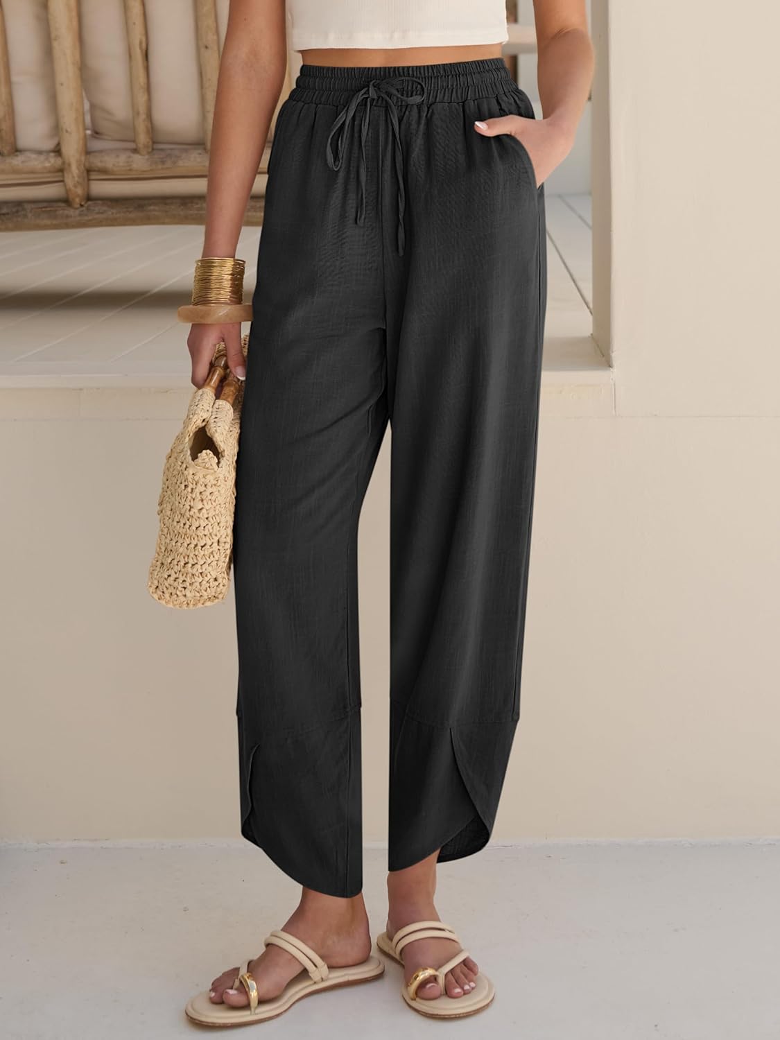 Pantaloni fluidi a vita alta con elastico in vita per donna