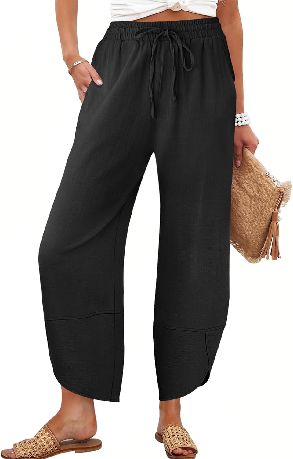 Pantaloni fluidi a vita alta con elastico in vita per donna