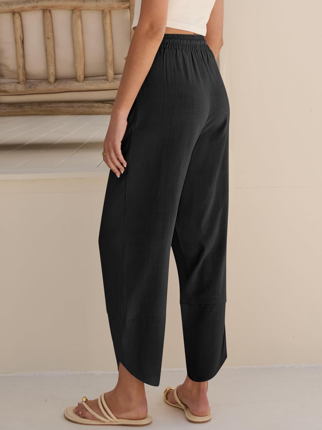 Pantaloni fluidi a vita alta con elastico in vita per donna