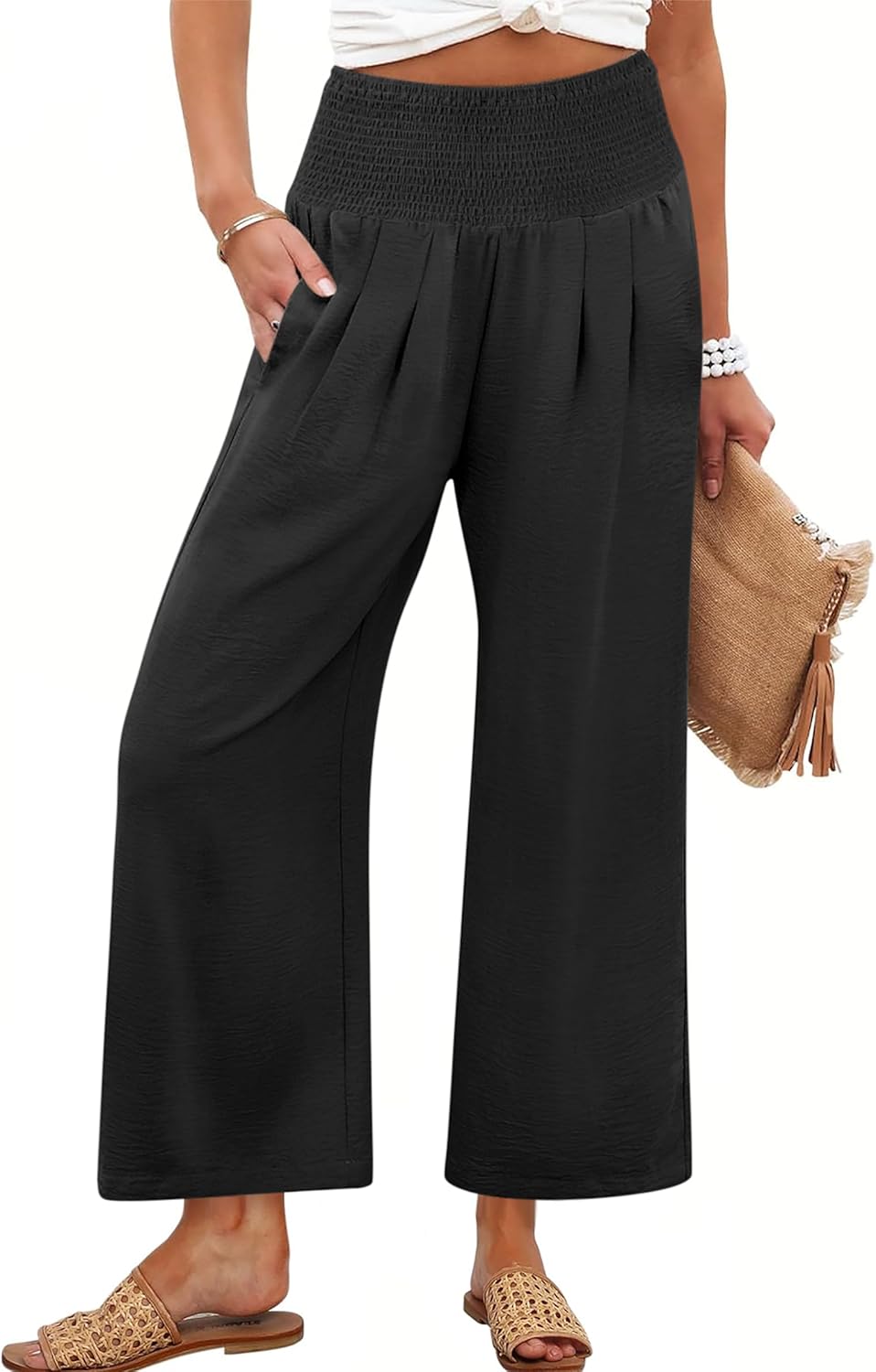 Pantaloni palazzo fluidi a vita alta con tasche per donna