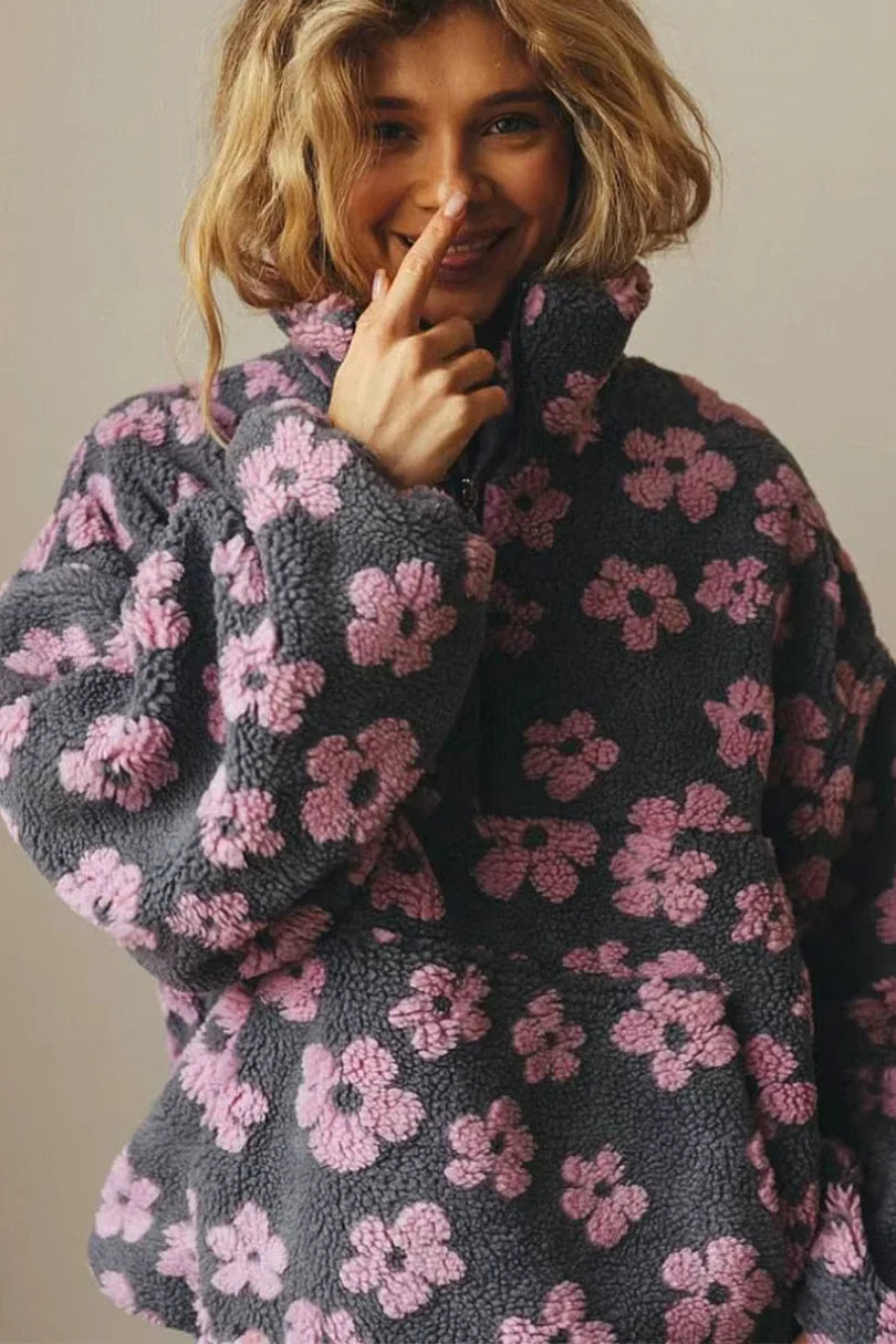 Pull chaud en polaire à motif floral pour femme
