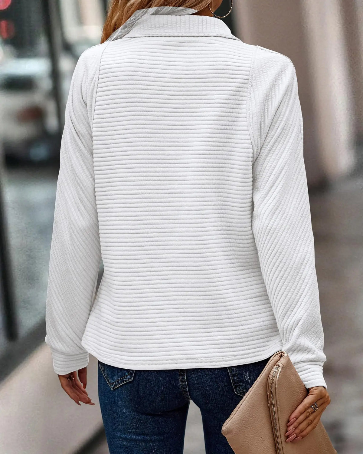 Maglione ampio con collo a zip e coste, maniche lunghe da donna  