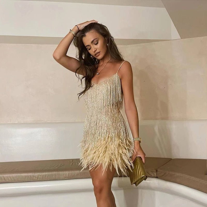 Robe Mini à Détails en Plumes pour Femmes