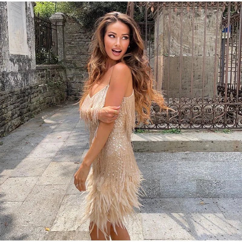 Robe Mini à Détails en Plumes pour Femmes
