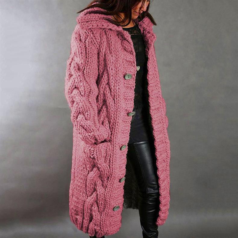 Gilet lungo con cappuccio in maglia grossa da donna