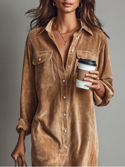 Vestito camicia midi dritto da donna con maniche lunghe in velluto a coste
