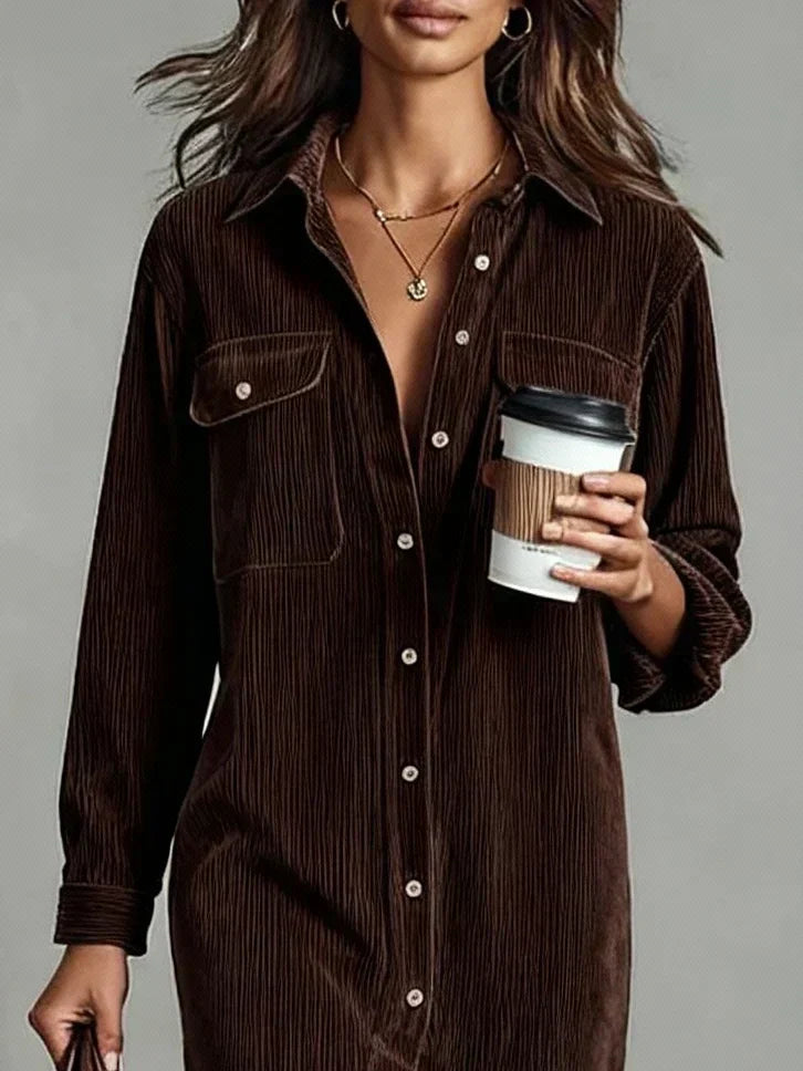 Vestito camicia midi dritto da donna con maniche lunghe in velluto a coste