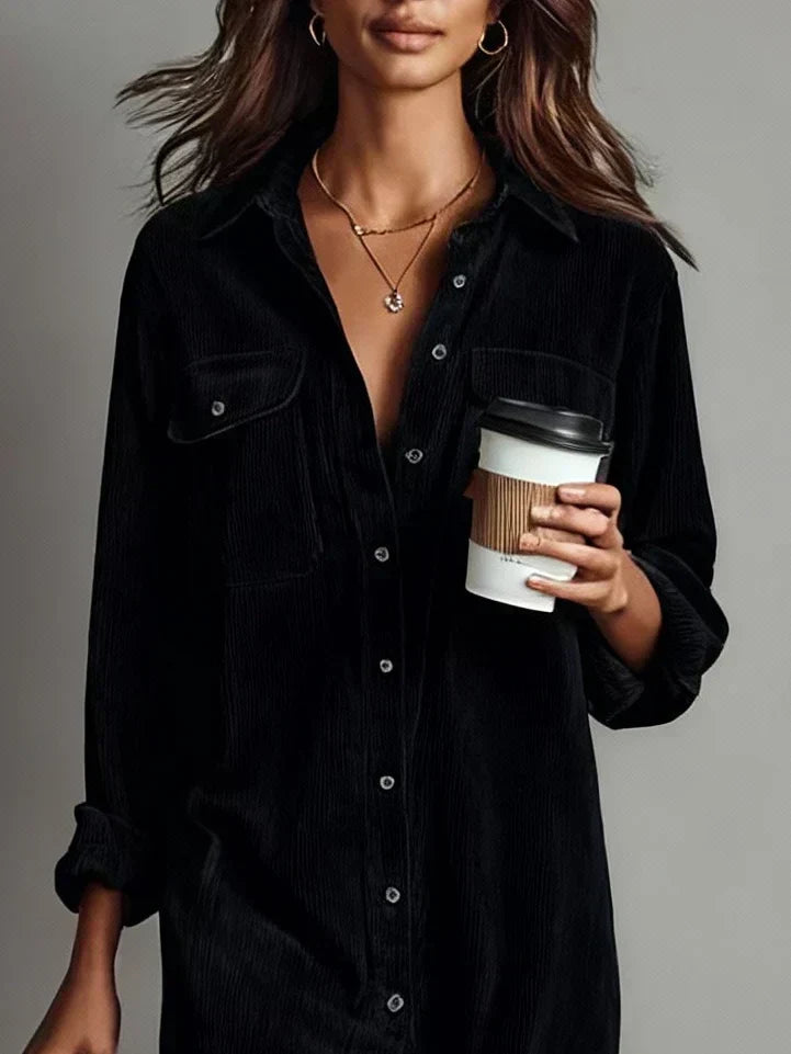 Vestito camicia midi dritto da donna con maniche lunghe in velluto a coste