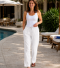 Pantaloni casual a vita alta in cotone e lino per donna