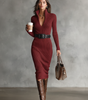 Vestito midi aderente con maniche lunghe e scollo a V in maglia a coste