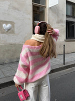 Maglione a maniche lunghe e collo tondo in maglia grossa a righe per donna