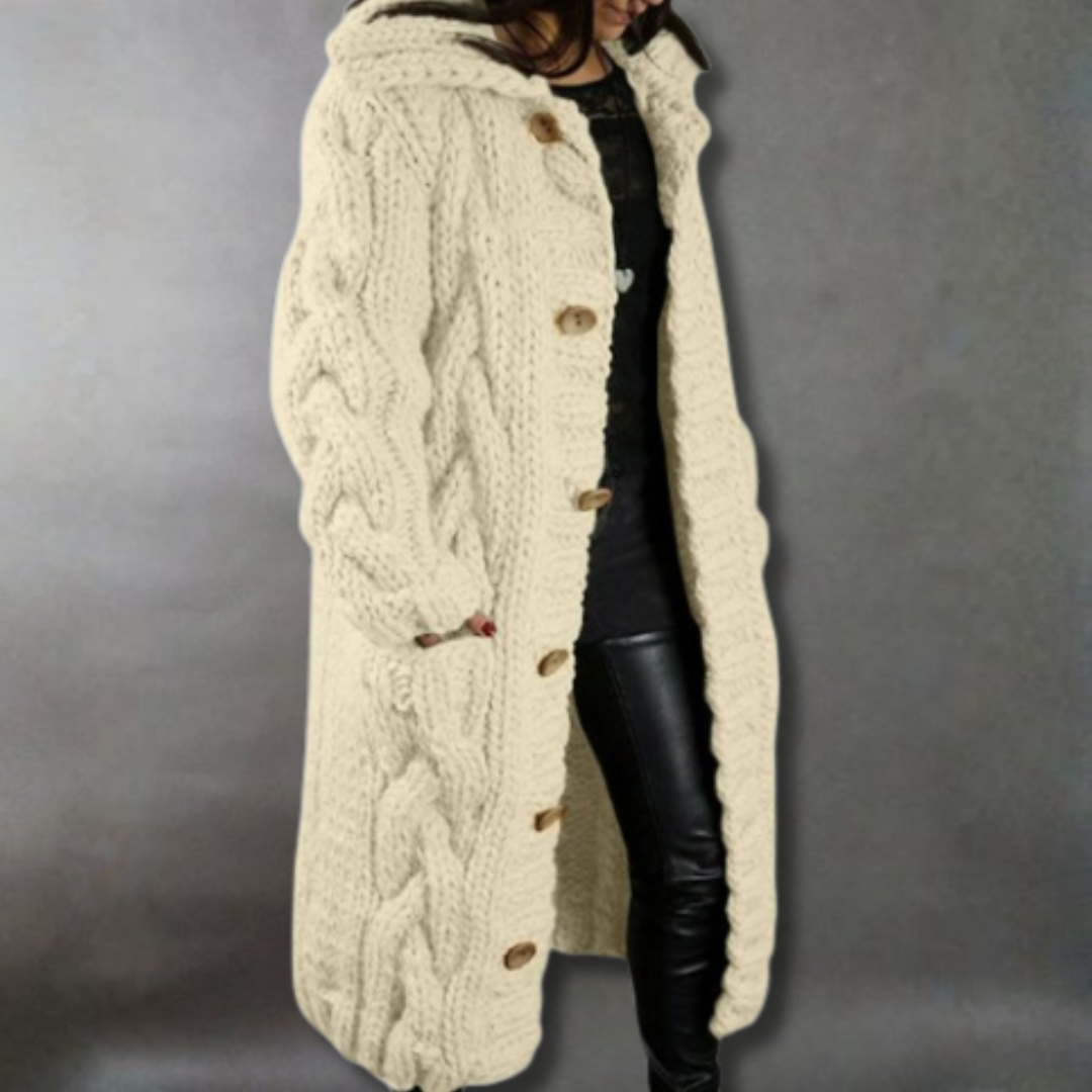 Gilet lungo con cappuccio in maglia grossa da donna