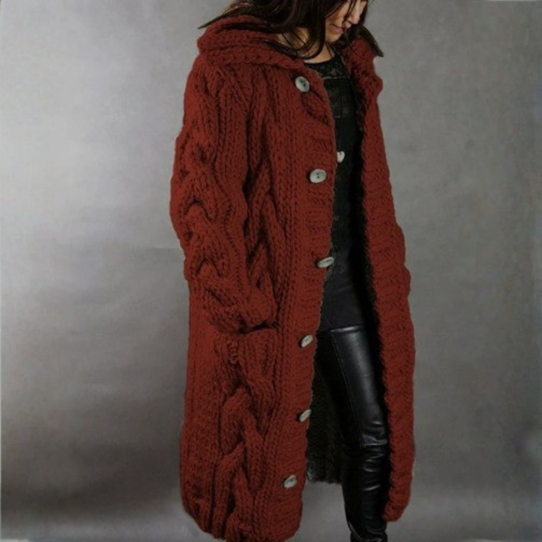 Gilet lungo con cappuccio in maglia grossa da donna