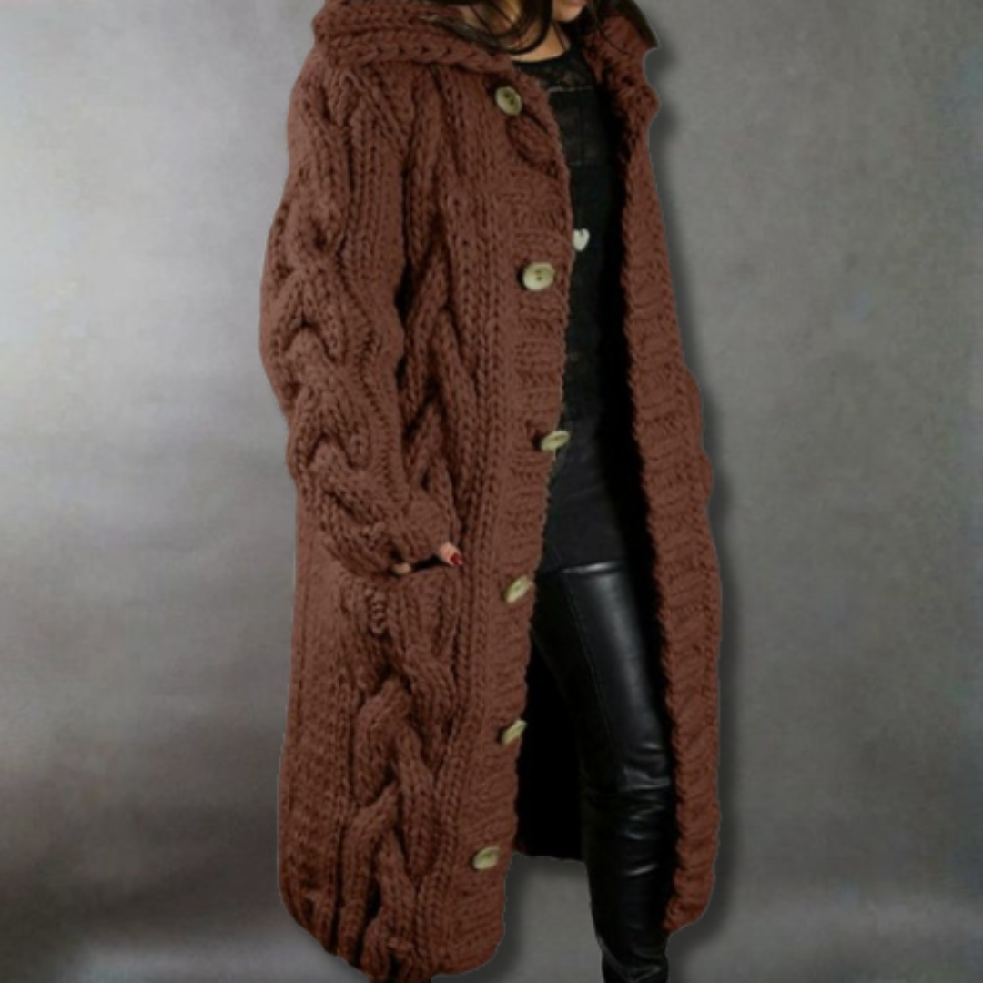 Gilet lungo con cappuccio in maglia grossa da donna