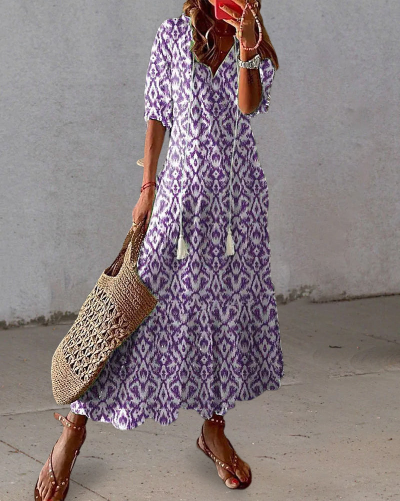 Robe Longue à Imprimé Géométrique et Manches Lanternes pour Femmes