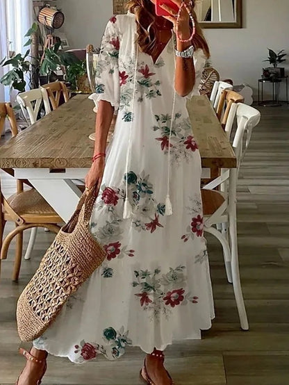 Robe Longue à Imprimé Géométrique et Manches Lanternes pour Femmes