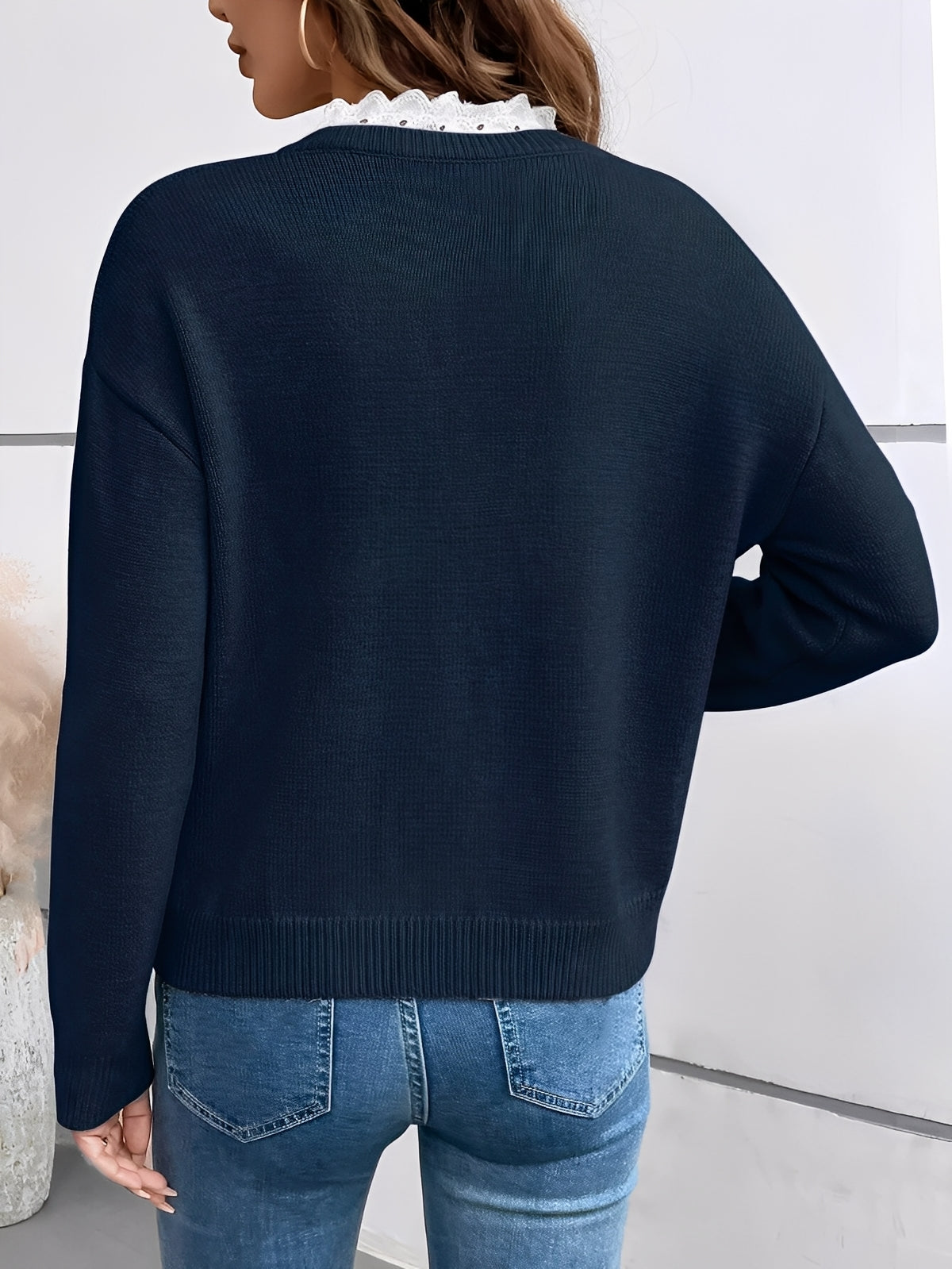 Pull en maille à col en V avec dentelle pour Femmes