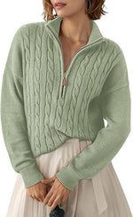 Maglione intrecciato in maglia grossa con collo alto e mezza cerniera per donna