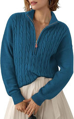 Maglione intrecciato in maglia grossa con collo alto e mezza cerniera per donna
