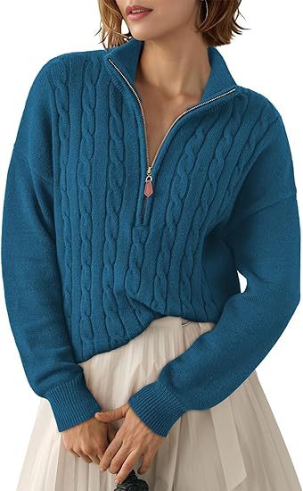 Maglione intrecciato in maglia grossa con collo alto e mezza cerniera per donna