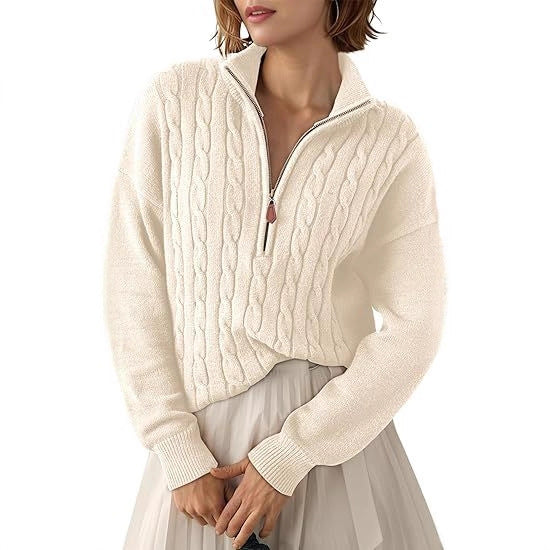 Maglione intrecciato in maglia grossa con collo alto e mezza cerniera per donna