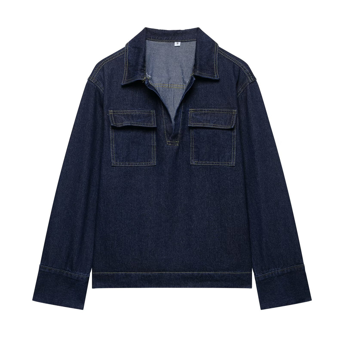 Pantaloni larghi e lunghi in denim con cuciture a vista da donna