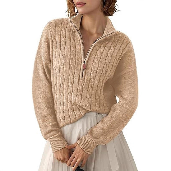 Maglione intrecciato in maglia grossa con collo alto e mezza cerniera per donna