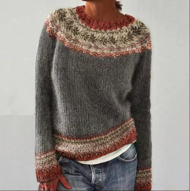 Maglione oversize jacquard con collo tondo e maniche lunghe per donna