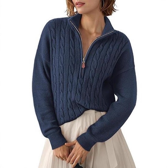 Maglione intrecciato in maglia grossa con collo alto e mezza cerniera per donna