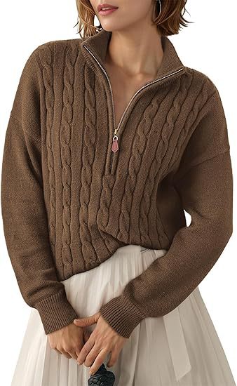 Maglione intrecciato in maglia grossa con collo alto e mezza cerniera per donna