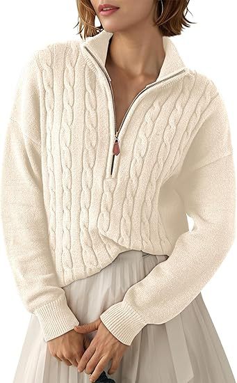 Maglione intrecciato in maglia grossa con collo alto e mezza cerniera per donna