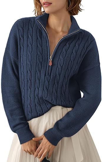 Maglione intrecciato in maglia grossa con collo alto e mezza cerniera per donna