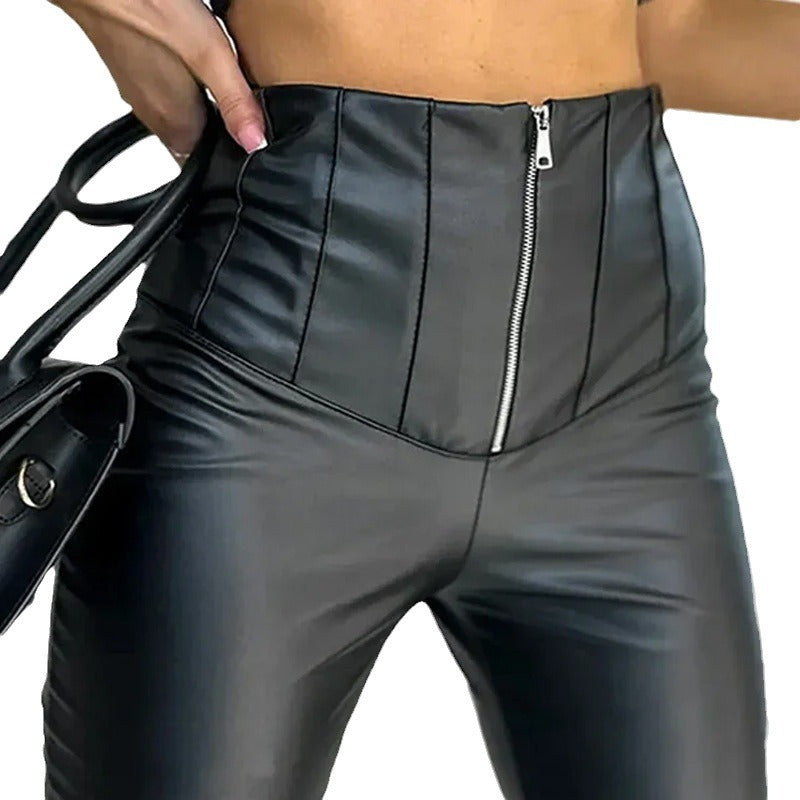 Pantaloni a vita alta aderenti in similpelle con zip da donna  