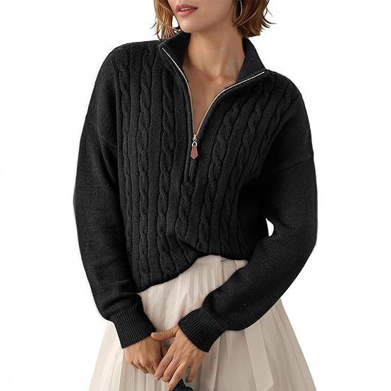 Maglione intrecciato in maglia grossa con collo alto e mezza cerniera per donna