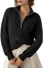 Maglione intrecciato in maglia grossa con collo alto e mezza cerniera per donna