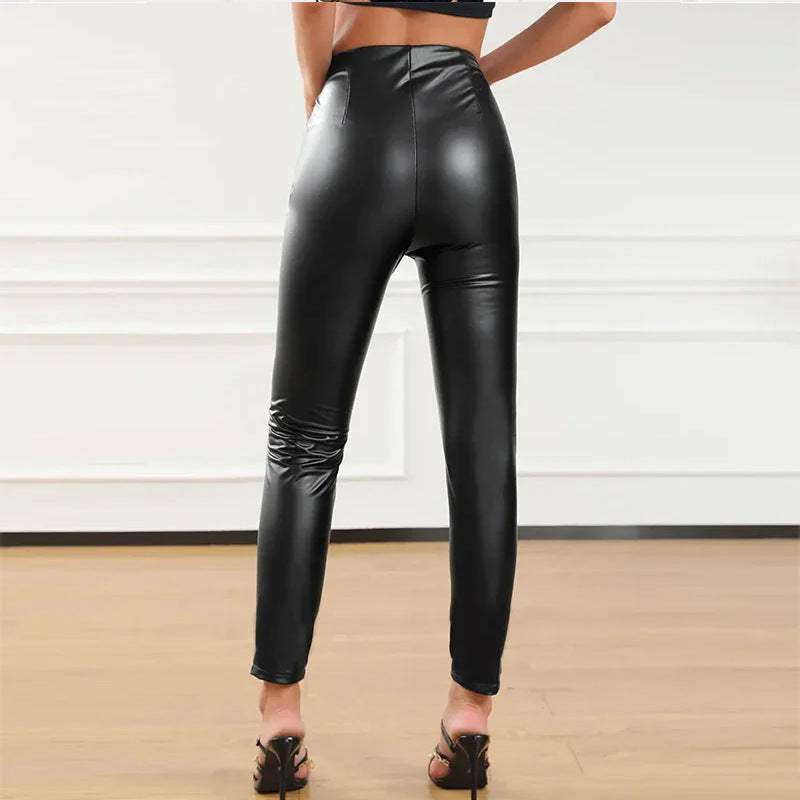 Pantaloni a vita alta aderenti in similpelle con zip da donna  