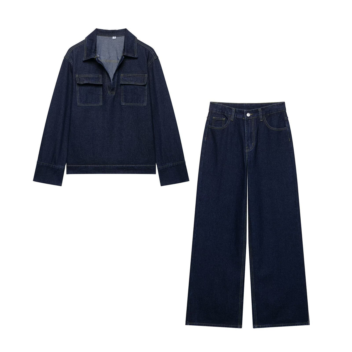 Pantaloni larghi e lunghi in denim con cuciture a vista da donna